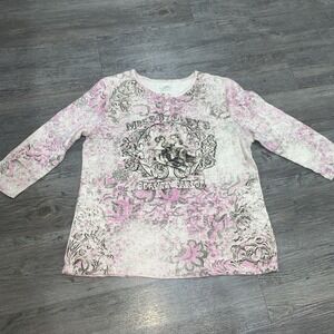 Tape Measure Henley Top Mrs S Ridleys Beauty Parlor Size Large Pink 3/4 Sleeve